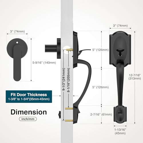 Image of Front Door Handle, Black Exterior Door Handle with Passage Lever, Vintage Front Entry Door Handle No Lock, Reversible for Left & Right Handed Doors, Lower Half Grip