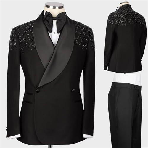 Mens Luxury 2 Pieces Suit Slim Fit Dinner Tuxedo Blazers Jacket Pants Outfit with Rhinestone for Prom,Party,Wedding2