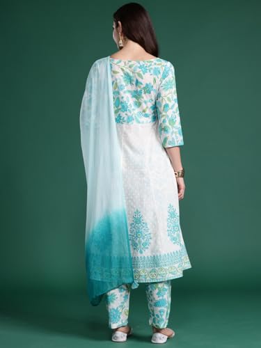 Image of INDO ERA Women's Pure Cotton Anarkali Floral Printed Kurta and Pant with Dupatta Set (KH0WH10039)