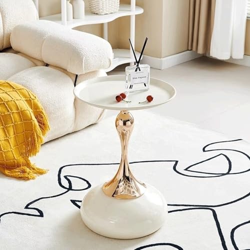 Modern Round Side Table with Gold Pedestal Base, Black Metal Top, Accent End Table for Living Room (White)