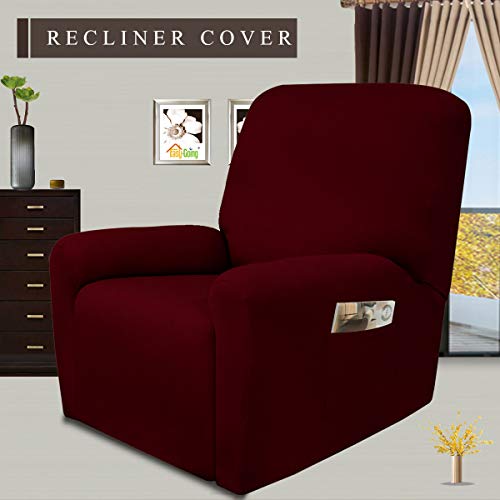 Image of Easy-Going 4 Pieces Microfiber Stretch Recliner Slipcover - Spandex Soft Fitted Sofa Couch Cover, Washable Furniture Protector with Elastic Bottom for Kids, Pet(Recliner, Wine)