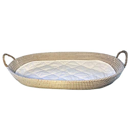 Baby Changing Basket with Pad - CPSC Safety Compliant - Woven Diaper Changing Table Basket - Natural Changing Pad Liner Included - Baby Nursery Dresser Topper - Seagrass Table Basket (32” x 16“ x 4“)