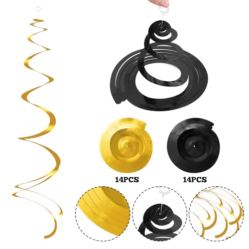 Image of Colorful Ceiling Swirl Foil Decorations Hanging Plastic Streamer Themed Swirl Party Decoration for Wedding New Years Day Graduation Celebration, Pack of 28 (Gold, Black)