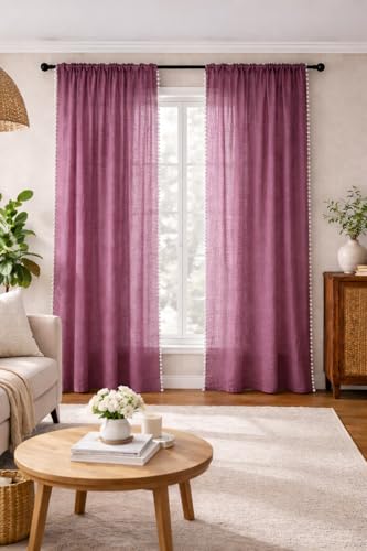 Image of THE LINEN COMPANY Window Curtains Cotton Sheer Curtains with Pom Pom Lace Rod Pocket Transparent Net Curtains for Window Curtains Living Room Curtains Plum 6 Ft Pack of 2