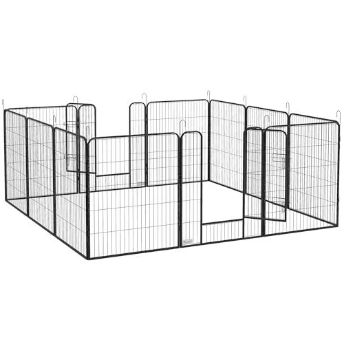PawHut Recinto per Cani di Grande Taglia a 12 Pannelli Modulabili da 80x1.5x100 cm, Box per Cani e Cuccioli Pieghevole con Porta in Acciaio con 12 Picchetti, Grigio