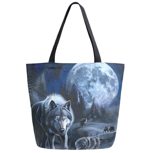 Peystean Fashion Style Wolves Big Moon Night Extra Large Casual Shoulder Tote,Canvas Men Womens Daily Reusable Handle Bag for Gym Yoga Weekender Grocery Beach Travel Shopping