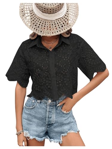 SweatyRocks Women's Short Sleeve Button Down Eyelet Crochet Shirt Asymmetrical Hem Crop Top Blouse Black X-Small
