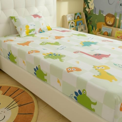 Image of Filymore Elastic Fitted Dinosaur Single Bedsheet with 1 Pillow Cover | 240 TC Soft Microfiber Bedspread | Fitted Bedcover for Mattress Size 72 inch x 36 inch Inchs | Green & White