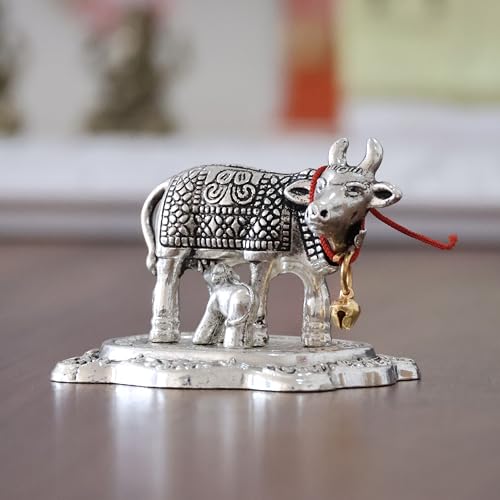 Image of KridayKraft Kamdhenu Cow with Calf Metal Rajasthani Handicrafts Decorative Showpiece for Gifting Anniversary Valentine's Day (Silver)