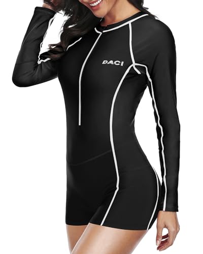 Image of Daci Women Long Sleeve Rash Guard One Piece Boyleg Swimsuit Zipper Surfing Bathing Suit UPF 50+