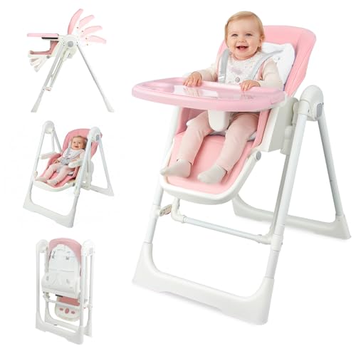Image of High Chairs for Babies and Toddlers Foldable High Chair Adjustable with Reclining Seat & Leg Rest, 3-in-1 Convertible Baby Rocker with Tool-Free Assembly (Pink)