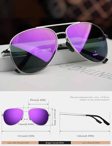 Image of LUENX Aviator Sunglasses for Men Women Polarized - Mirrored Driving uv 400 Protection(Purple Mirrored)