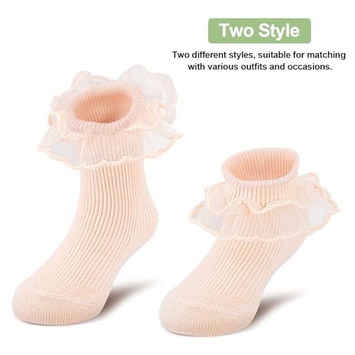 Meeshine Baby Newborn Girls' Lace Ruffle Ankle Socks Toddler Frilly Cotton Princess Dress Socks 5/6-Pack2