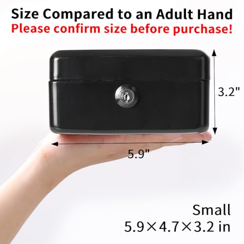 Image of Decaller Small Cash Box With Key Lock, Portable Metal Money Box With Double Layer & 2 Keys For Security, Black, 6 1 /5 inchx5 inchx3 inch, Qh1509Xs