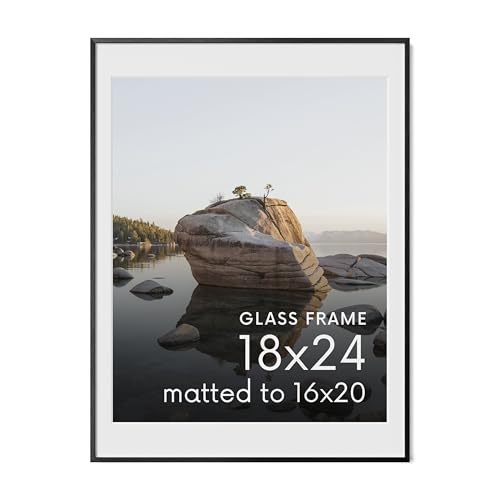 HAUS AND HUES 18x24 Picture Frame with Real Glass & Black Premium-Grade Metal Matted to 16x20 - Aluminum 18x24 Frame - Includes Hanging Kit - Ideal for Home, Office (18x24 in, Black)