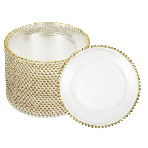 QIUTMER 100 Pcs Clear Charger Plates 12.6 Inch Plastic Round Dinner Decorative Plates with Gold Beaded Rim for Party Wedding Birthday Bridal Shower Party Table Supply