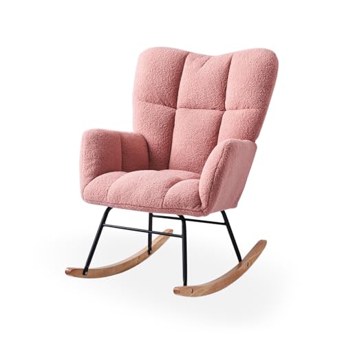 Image of Ugijei Rocking Chair Nursery, Teddy Upholstered Glider Rocker with High Backrest, Modern Rocking Accent Chairs for Nursery, Living Room, Bedroom (Pink)