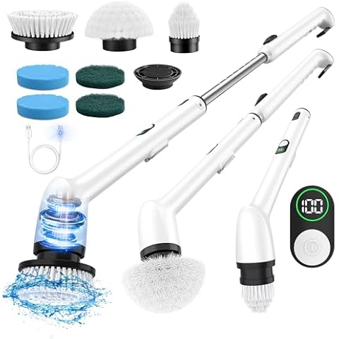 LyriFine Electric Spin Scrubber with LED Display, LY7 Pro New Full-Body IPX7 Waterproof Bathroom Cleaning Brush, 7 Brush Heads Shower Scrubber with Long Handle, Dual Speed for Bathtub Tile Floor-Black Cover