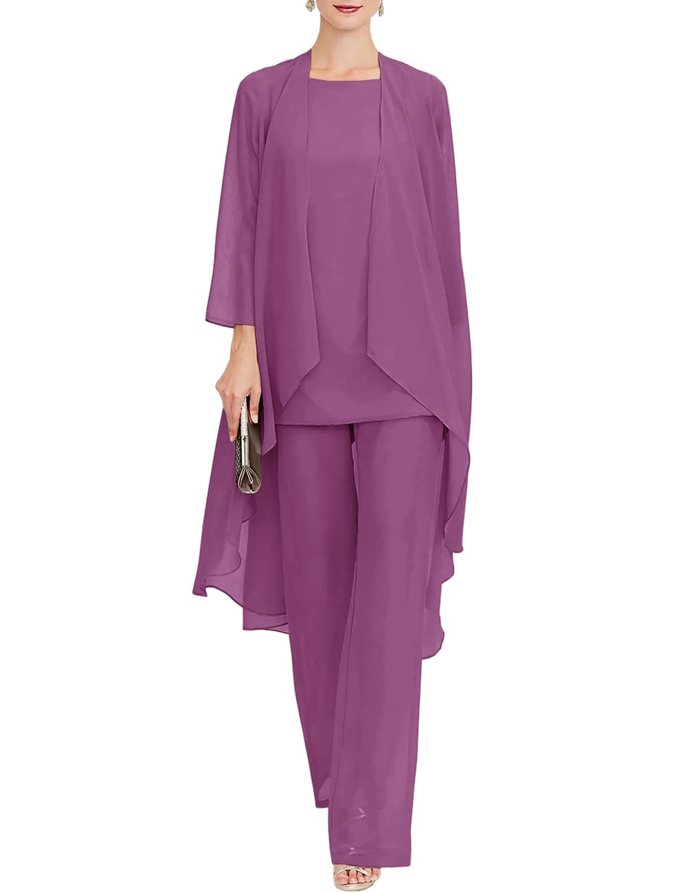 Zongqiven Chiffon Mother of The Bride Pant Suits Wedding 3Pcs Formal Outfit Set Evening Gown for Women