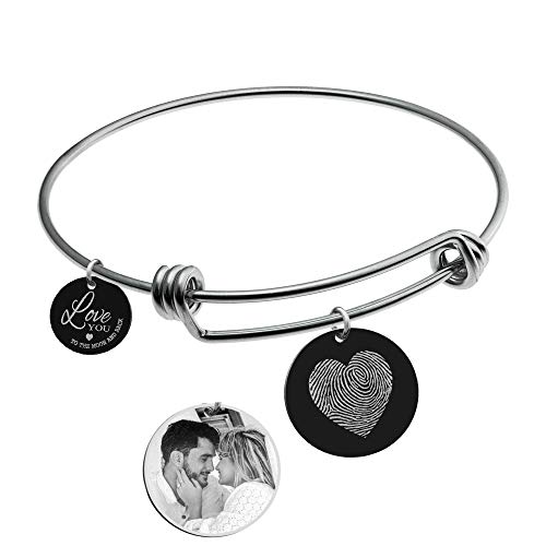 Love You to the Moon & Back Personalized Photo / Text / Fingerprint Heart Engraved Dangle Charm Expandable Wire Bangle Bracelet
