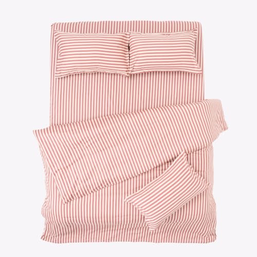 Image of Haus & Kinder Double Bed Bedsheet 90 x 100 | 186 TC Pure Cotton Bed Sheet Double Bed with 2 Pillow Covers | Queen Size Bed Sheet | Akatsuchi Stripe Red Earth