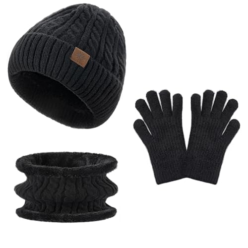 Tavaleu Kids Winter Beanie Hat Scarf Touchscreen Gloves Set for Boys Girls 8-15 Years Warm Skull Cap Fleece Lined Knitted Hat Dark Black
