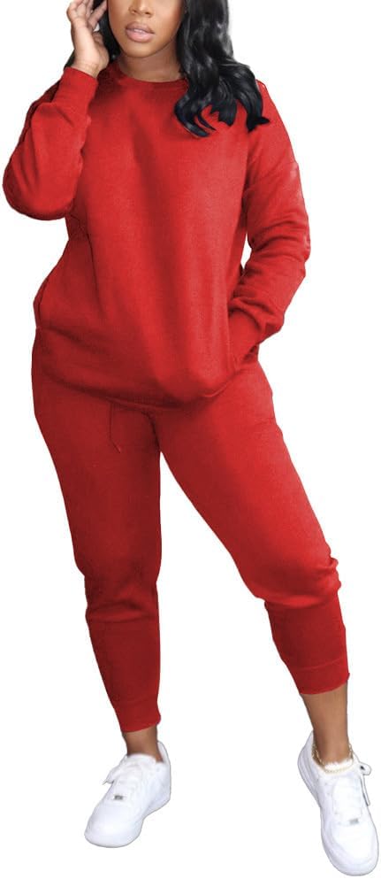 HBQ Two Piece Outfits For Women Casual Long Sleeve Sweatsuits Jogger Tracksuits Lounge Sets With Pockets-Red-M