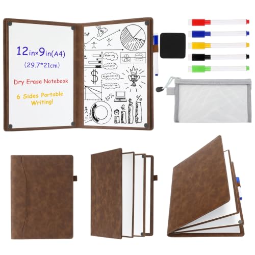 Feifeiya 6side Dry Erase Notebook Portable Whiteboard, Brown, A4 9" X 12"