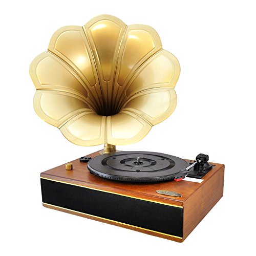 Bluetooth Compatible Gramophone Vintage Turntable - Classic Retro Record Player Speaker System w/ 2-Speed, Full Range Stereo Speakers, Convert Vinyl to Digital MP3, USB, AUX, RCA - Pyle PNGTT12RBT
