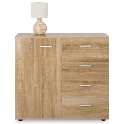 IDIMEX Buffet Salle à Manger Chicago L 91 cm en Bois Coloris chêne Sonoma avec 4 tiroirs et 1 Porte, Meuble Rangement pour Cuisine ou Salle à Manger