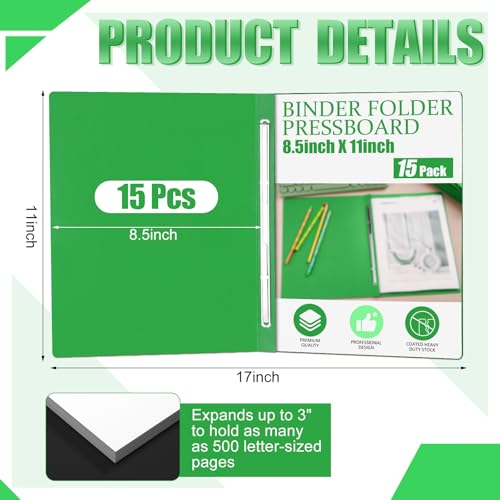 Zhanmai 15 Packs 8.5\'\' x 11\'\' Pressboard Report Covers, Metal Prong Fastener with Compressor, Letter Size 3\'\' Capacity Presentation Report Folder to Neatly Bind Reports, Proposals, Documents(Green) - Thumbnail 2