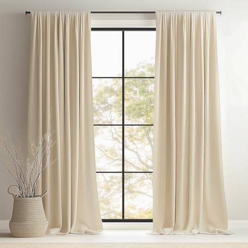 Topfinel Beige Cream Velvet Blackout Curtains 84 Inches Long, Ivory Room Darkening Thermal Insulated Soundproof Modern Nursery Rod Pocket Back Tab Winter Drapes for Living Room Bedroom 2 Panels