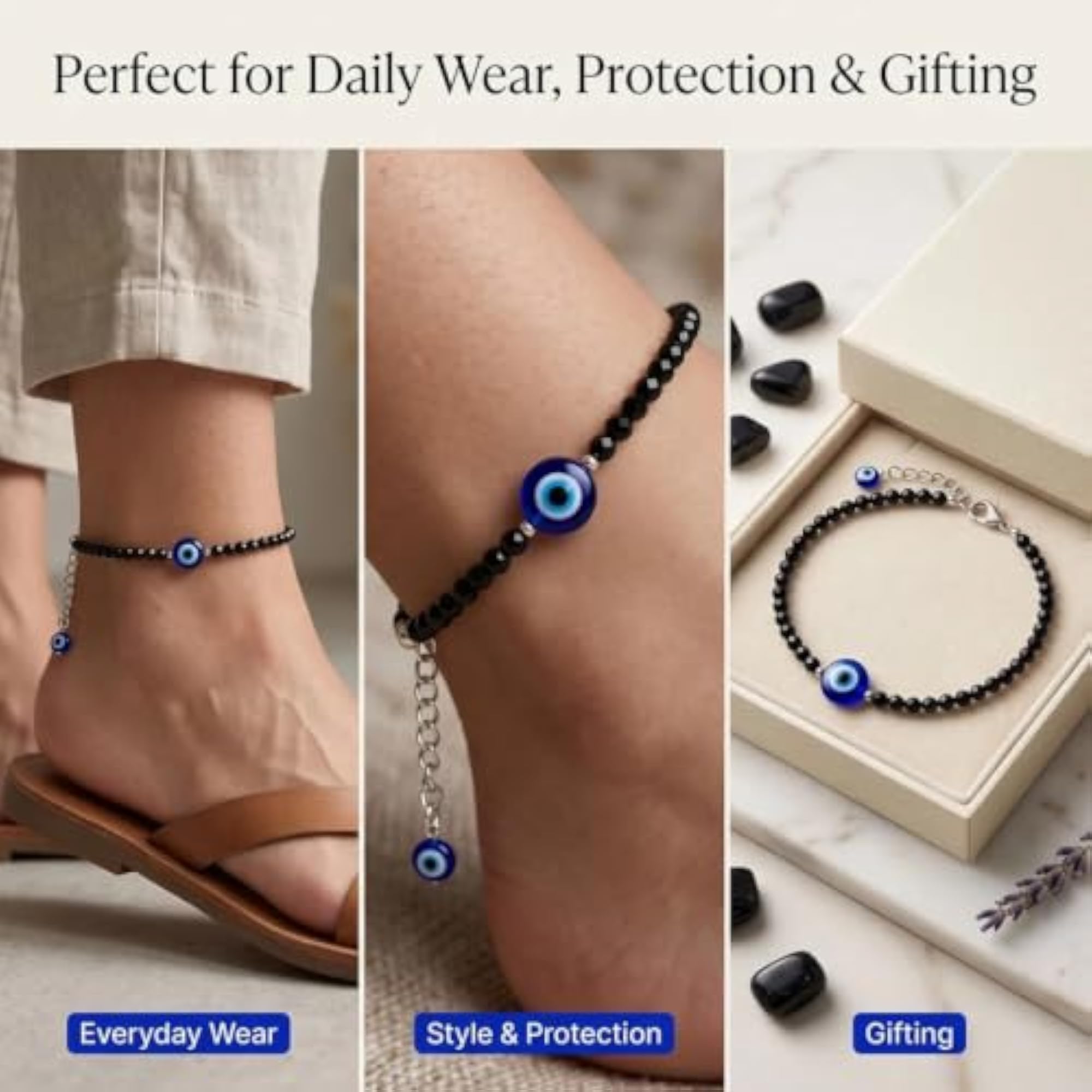 Nazar Suraksha Black Tourmaline Anklet, Evil Eye Charm