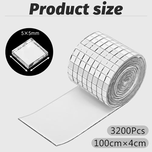 Youery Selbstklebend Spiegel Mosaik Fliesen - 3200 Stück, 5x5mm Silberne Disco Kugel & DIY Dekor Material, Premium Glas mit Hochglanzreflexion für Bastler & Handwerker