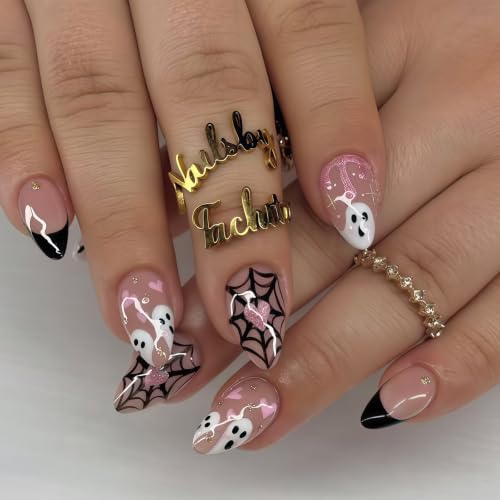 Halloween Press on Nails Black French Tip - Short Almond Fake Nai...