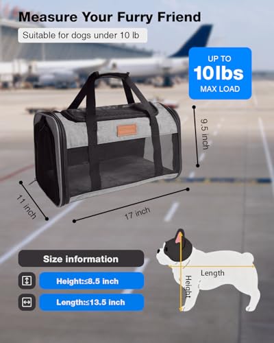 Image of Pet Carrier Airline Approved for Pets Up to 10 Lb, 17x11x9.5 in | Underseat, Top & Side Entry Soft Dog Cat Travel Carrier with Safety Zippers & Anti-Scratch Mesh for Small Cat and Dog, Grey