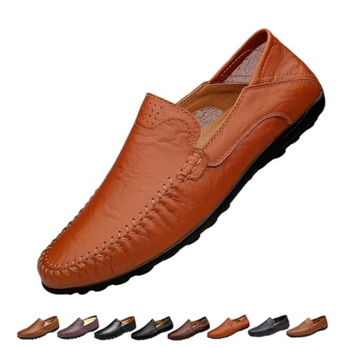 [SYT-MD] Mens Slip On Leather Loafers, Wide Fit Flat Walking Loafer Shoes, Anti-Slip Driving Moccasins(Brown,38)