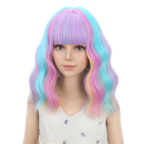 Image of PATTNIUM Multicolor Wig for Kids Rainbow Child Wig with Bangs Wavy Colorful Wigs for Girls Shoulder Length Heat Resistant Synthetic Wigs