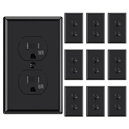 AIDA 15 Amps Duplex Outlets and Wall Plates Bundle, Tamper Resistant & Weather Resistance Electrical Receptacle, 2 Pole,3-Wire, Self-Grounding, NEMA 5-15R,UL Listed (10 Pack, Black)
