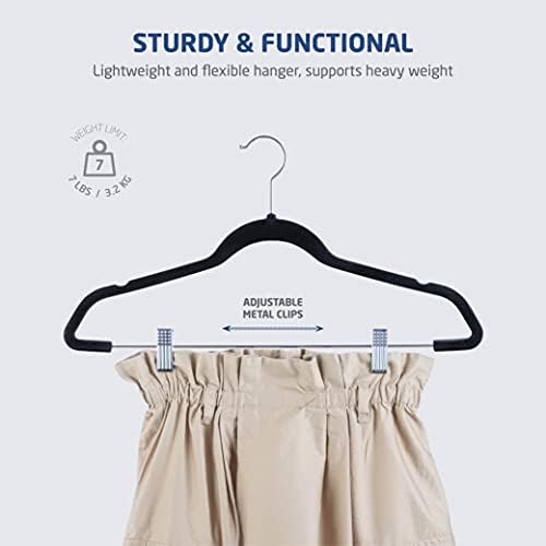 ZOBER Skirt and Trouser Hangers with Clips - 20-Pack of Velvet, Adjustable, Non-Slip Skirt Hangers w/ 360 Degree Swivel Hook - Premium, Space-Saving Clothes Hangers for Trousers and Suits - Black