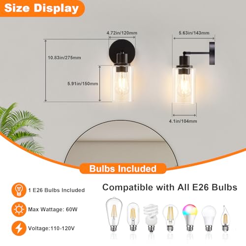 Image of DLLT Wall Sconces Set of Two: Modern Bathroom Vanity Light Fixtures - Matte Black Vanity Lights with Clear Glass Shade - Farmhouse Wall Lamp for Bedroom Living Room Mirror Hallway Kitchen