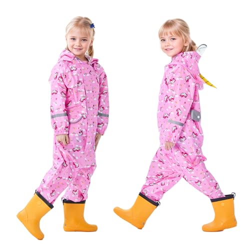 Dioshark Chubasquero Impermeable Niñas Rosa Traje de Lluvia con Capucha y Reflectante Transpirable Ligero Portátil Chaqueta y Pantalones Impermeable Exterior Deporte Abrigos para 2-4 años, Unicornio