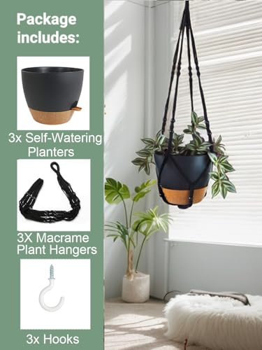 image for Bouqlife 3 Pack Self Watering Hanging Planters Macrame Plant Hangers w