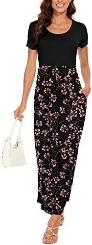 HAOMEILI Women's Short Sleeve Floral Print Scoop Neck Loose Plain Maxi Dresses Casual Long Dresses with Pockets(Gypsophila Black L)