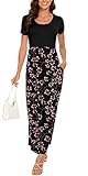 HAOMEILI Women's Short Sleeve Floral Print Scoop Neck Loose Plain Maxi Dresses Casual Long Dresses w