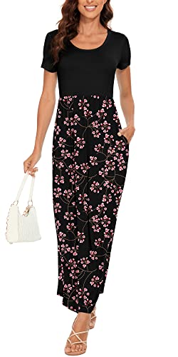 Haomeili Women's Short Sleeve Floral Print Scoop Neck Loose Plain Maxi Dresses Casual Long Dresses With Pockets(Gypsophila Black L) #TOP3
