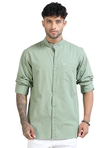 Image of Men's Cotton Linen Chinese Collar Full Sleeve Casual Shirt | Mandarin Collar Stylish Regular Fit Shirt