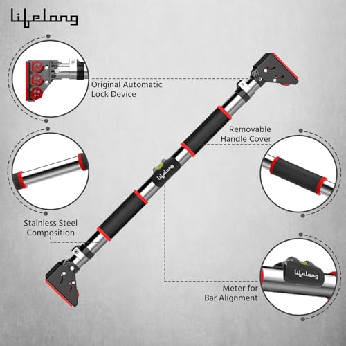 Image of Lifelong Pull Up Bar for Home -Adjustable Rod 75cm to 92cm width, wall mounted without screws -Door Pull up bar to Increase Height -Exercise equipment for Home Gym weight capacity 200Kgs