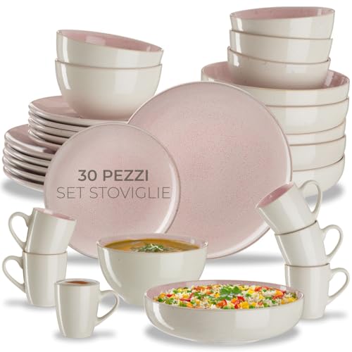 tectake® Set stoviglie 30 pezzi terracotta, servizio piatti 6 persone, set piatti moderni grandi, piccoli, fondi, ciotole, tazze, gres smaltato, design moderno, lavastoviglie microonde - Rosa