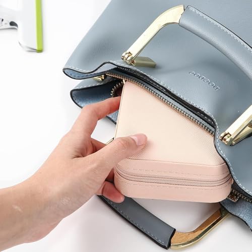 Image of Mini Jewellery Travel Case, PU Leather Organizer Box, Small Portable Jewellery Storage Holder for Womens Rings Earrings Necklaces (Peach-PU Leather Box) (Peach)